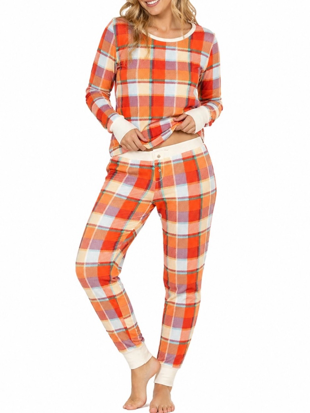 Old Navy Orange Plaid Waffle Knit Thermal Pajama Set Women’s S